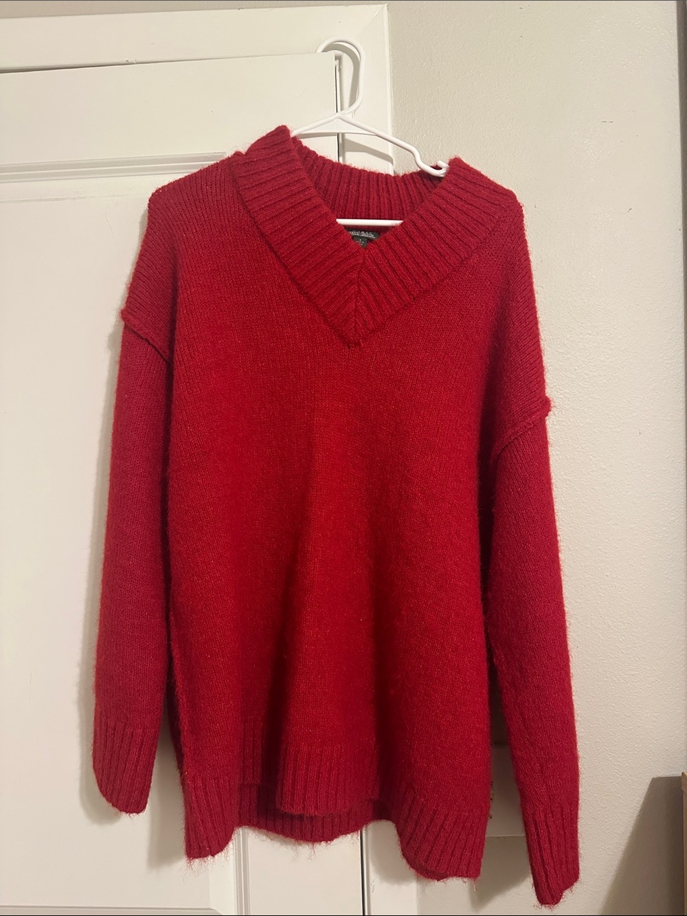 Cozy Oversized Red V-Neck Women's Sweater